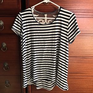 Navy Stripe Short Sleeve top with Lace Detail